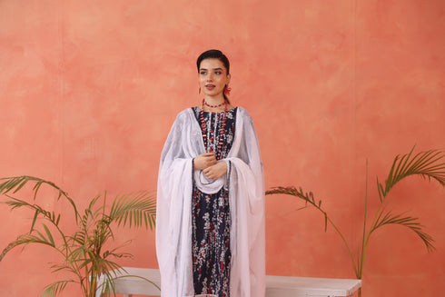 Navy Floral 3-Piece Suit with White Chiffon Dupatta