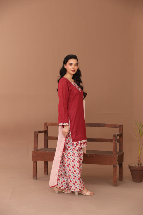 Red Floral Neckline Coord Set 2-Piece