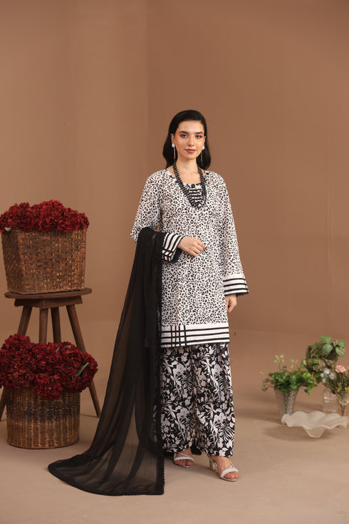 Monochrome Printed 3-Piece Suit with Black Chiffon Dupatta