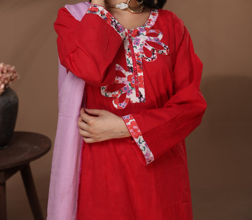 Red Floral Neckline Coord Set – Premium 2-Piece