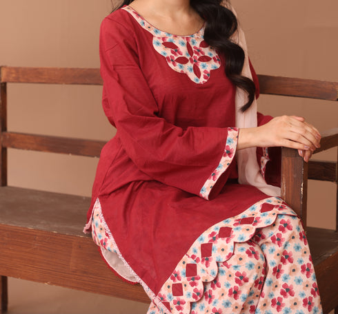 Red Floral Neckline Coord Set – Premium 2-Piece