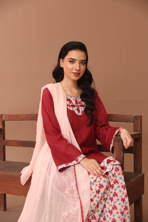 Red Floral Neckline Coord Set – Premium 2-Piece