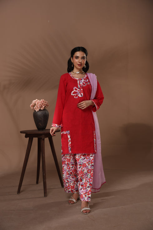 Red Floral Neckline Coord Set – Premium 2-Piece