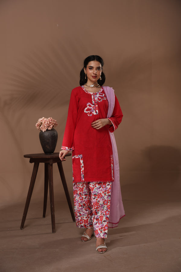 Red Floral Neckline Coord Set – Premium 2-Piece