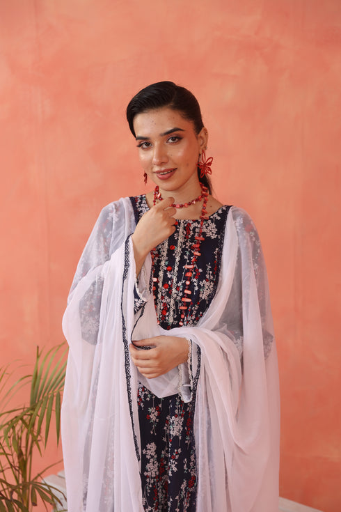 Navy Floral 3-Piece Suit with White Chiffon Dupatta