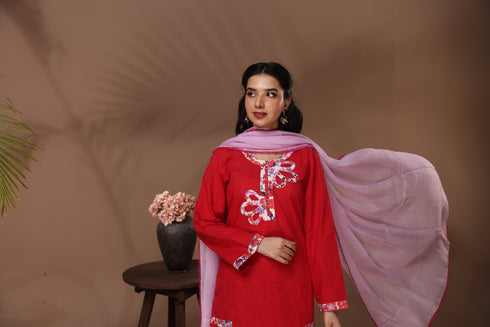 Red Floral Neckline Coord Set – Premium 2-Piece