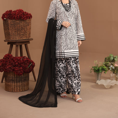 Monochrome Printed 3-Piece Suit with Black Chiffon Dupatta