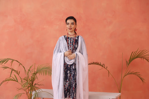 Navy Floral 3-Piece Suit with White Chiffon Dupatta