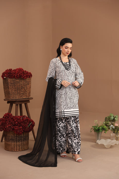 Monochrome Printed 3-Piece Suit with Black Chiffon Dupatta