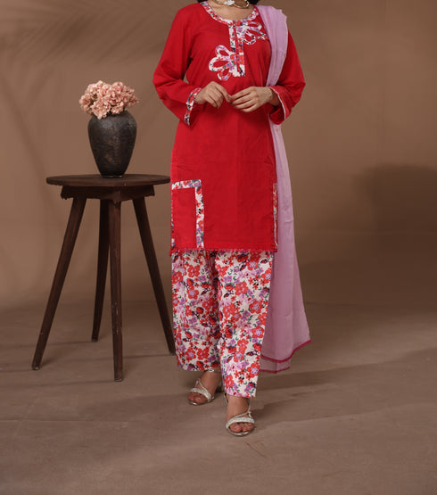 Red Floral Neckline Coord Set – Premium 2-Piece