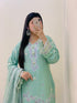 Person wearing a light green embroidered traditional outfit taking a mirror selfie.