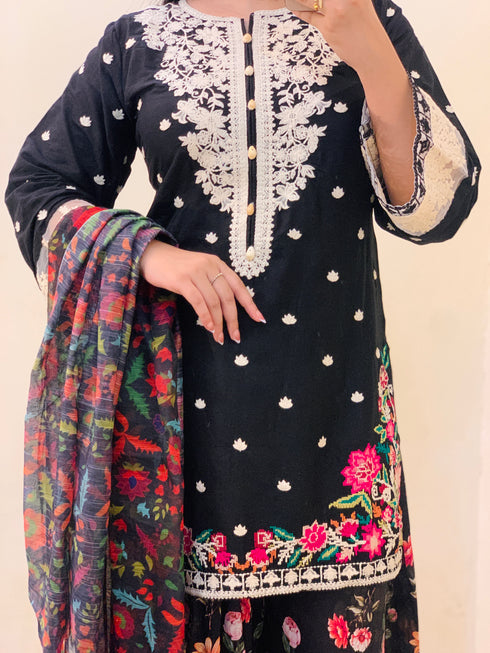 Luxury Black Embroidered 3-Piece Suit with Digital Floral Dupatta