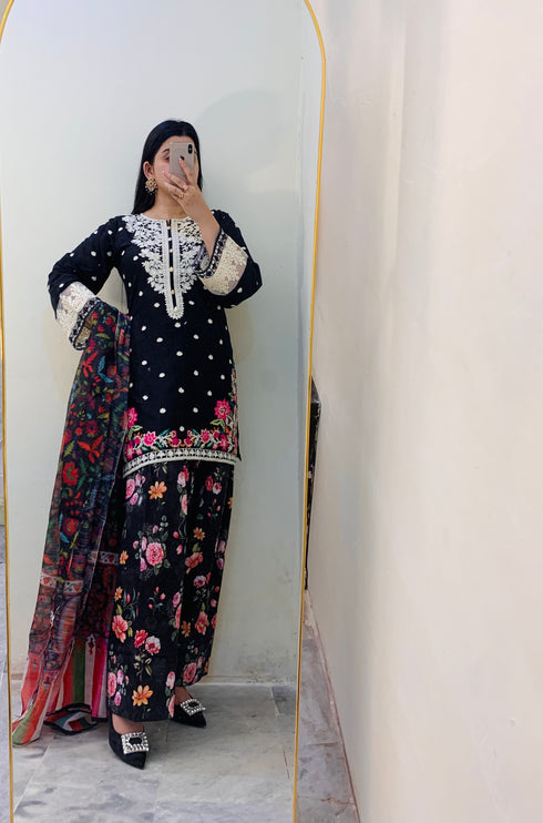 Luxury Black Embroidered 3-Piece Suit with Digital Floral Dupatta