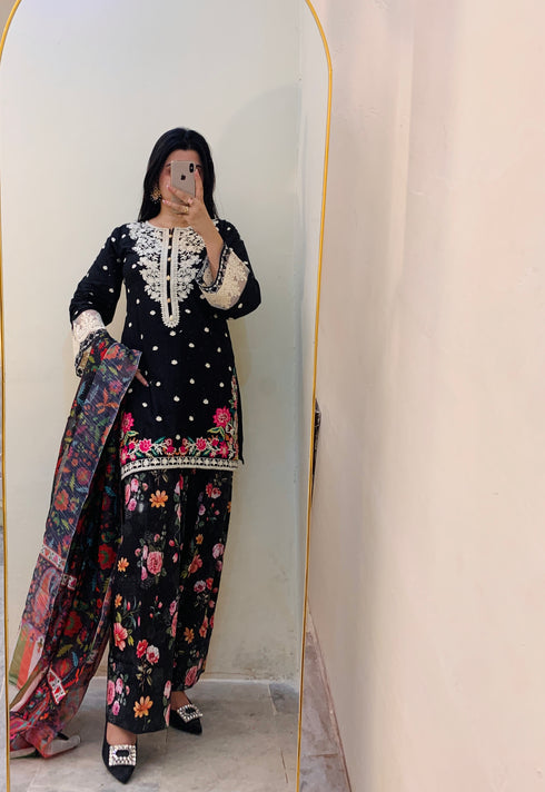 Luxury Black Embroidered 3-Piece Suit with Digital Floral Dupatta