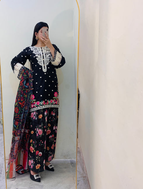 Luxury Black Embroidered 3-Piece Suit with Digital Floral Dupatta