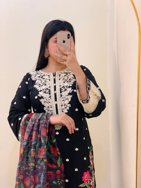 Luxury Black Embroidered 3-Piece Suit with Digital Floral Dupatta