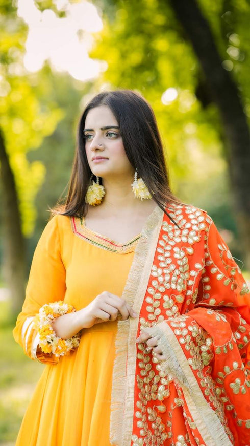 Elegant Yellow & Orange Floral Ethnic Suit with Embroidered Dupatta