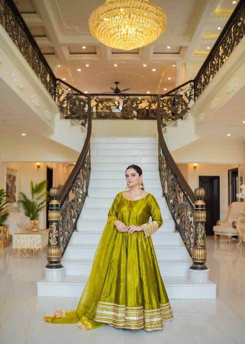 Olive Royal Silk Maxi with Embellished Dupatta – Custom Collection