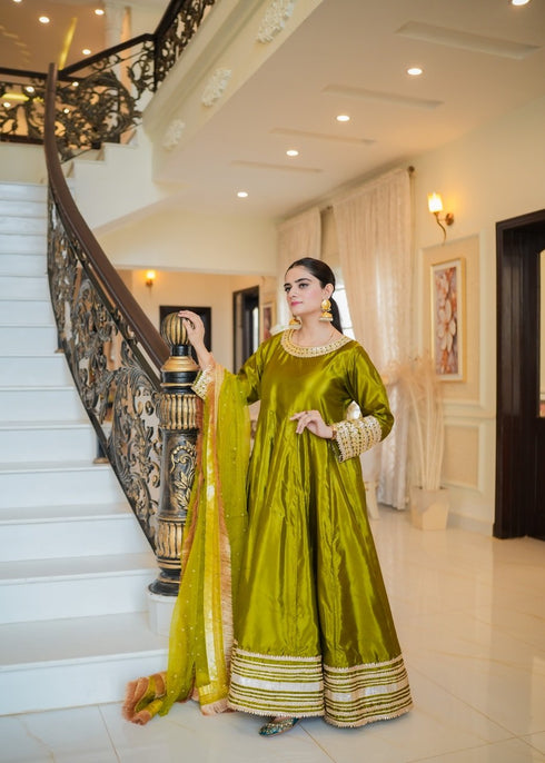 Olive Royal Silk Maxi with Embellished Dupatta – Custom Collection