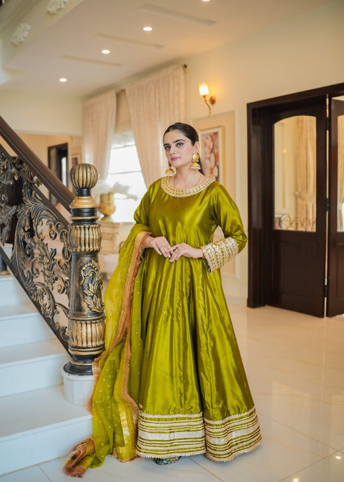 Olive Royal Silk Maxi with Embellished Dupatta – Custom Collection