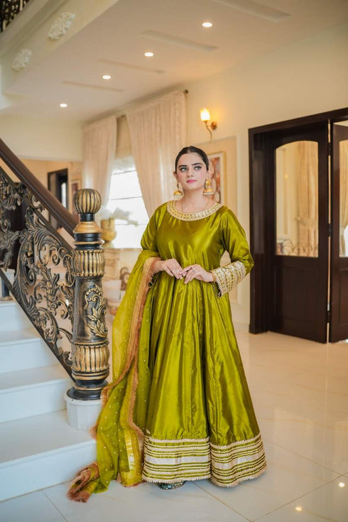 Olive Royal Silk Maxi with Embellished Dupatta – Custom Collection