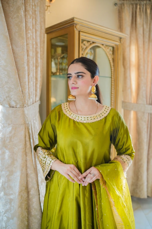 Olive Royal Silk Maxi with Embellished Dupatta – Custom Collection