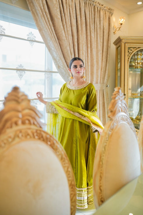 Olive Royal Silk Maxi with Embellished Dupatta – Custom Collection