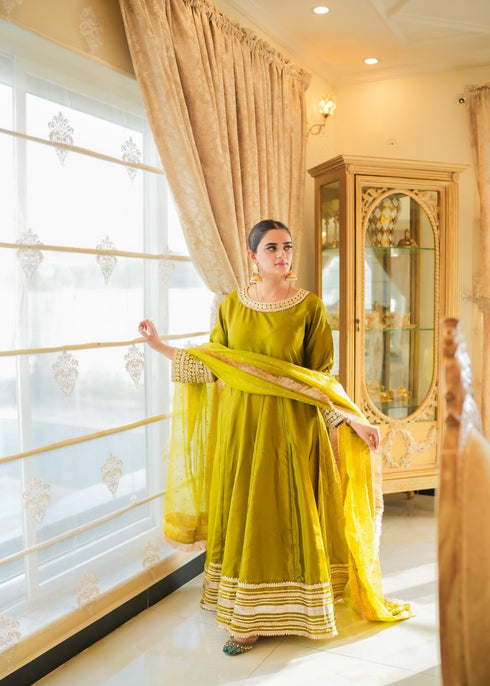 Olive Royal Silk Maxi with Embellished Dupatta – Custom Collection