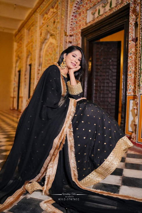 Elegant Black Anarkali Suit with Golden Embroidery Dupatta