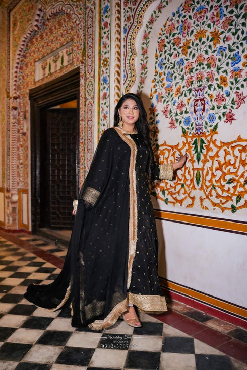 Elegant Black Anarkali Suit with Golden Embroidery Dupatta
