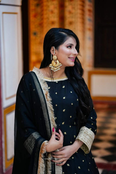 Elegant Black Anarkali Suit with Golden Embroidery Dupatta