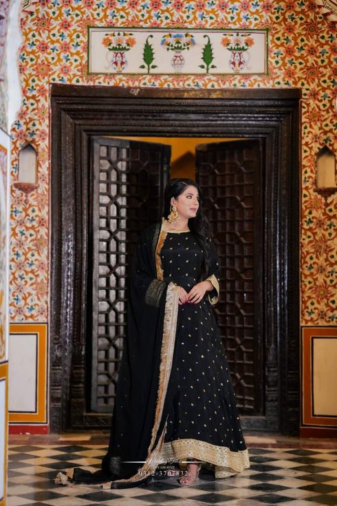 Elegant Black Anarkali Suit with Golden Embroidery Dupatta
