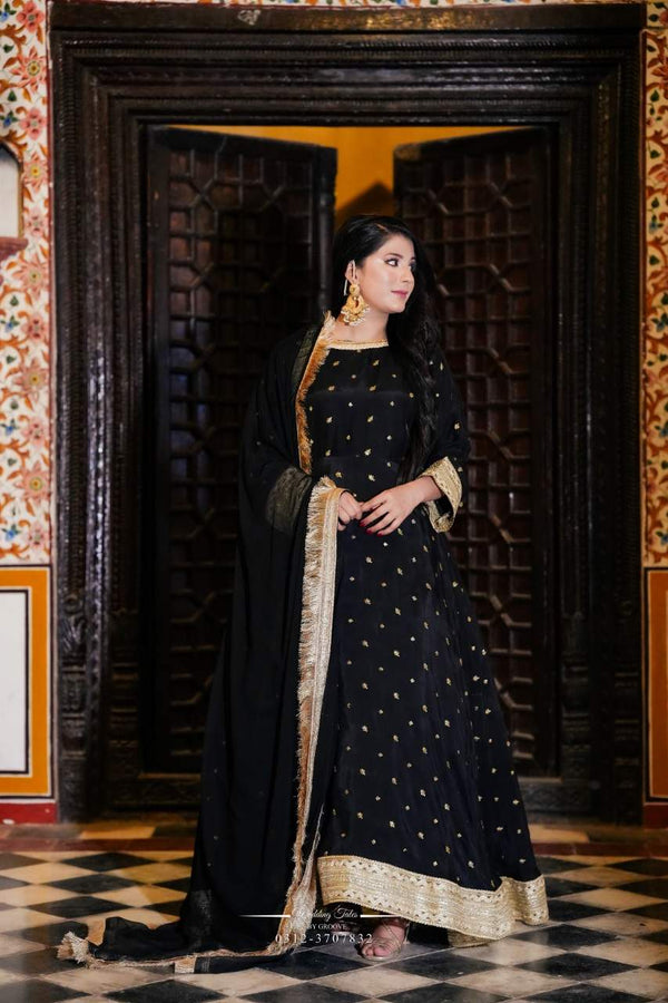 Elegant Black Anarkali Suit with Golden Embroidery Dupatta