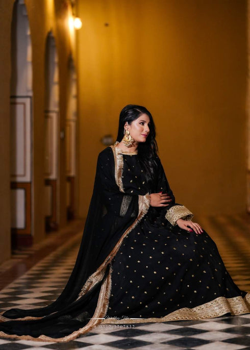 Elegant Black Anarkali Suit with Golden Embroidery Dupatta