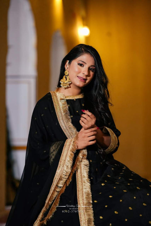 Elegant Black Anarkali Suit with Golden Embroidery Dupatta