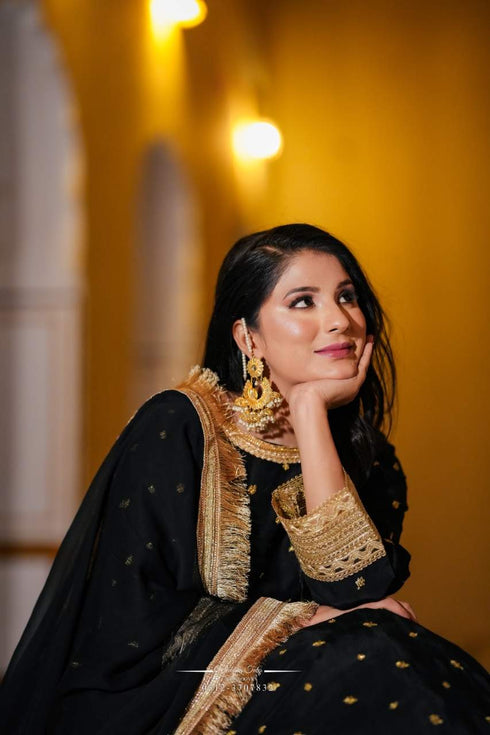 Elegant Black Anarkali Suit with Golden Embroidery Dupatta