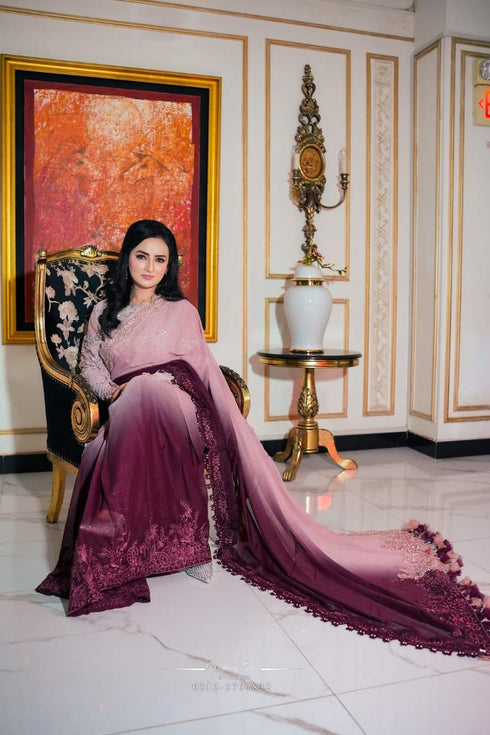 Rosé Twilight Ombre chiffon saree in mauve & plum gradient