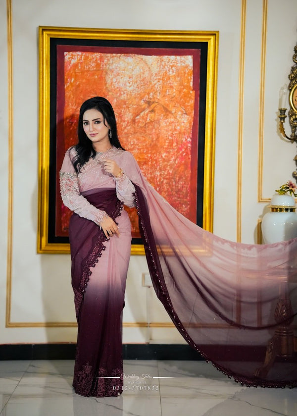 Rosé Twilight Ombre chiffon saree in mauve & plum gradient