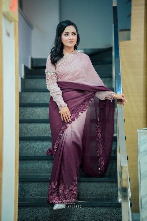 Rosé Twilight Ombre chiffon saree in mauve & plum gradient