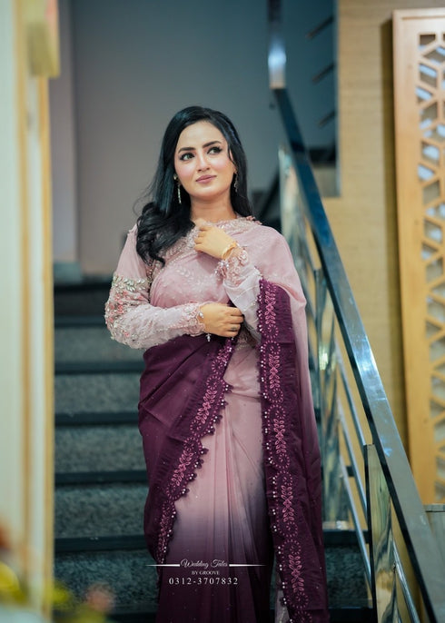 Rosé Twilight Ombre chiffon saree in mauve & plum gradient