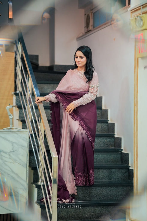 Rosé Twilight Ombre chiffon saree in mauve & plum gradient