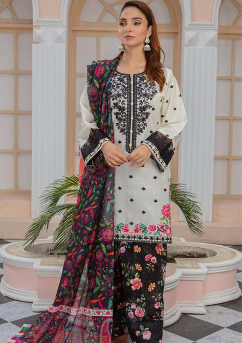 Vanilla & Black Embroidered Lawn Suit with Vibrant Floral Dupatta