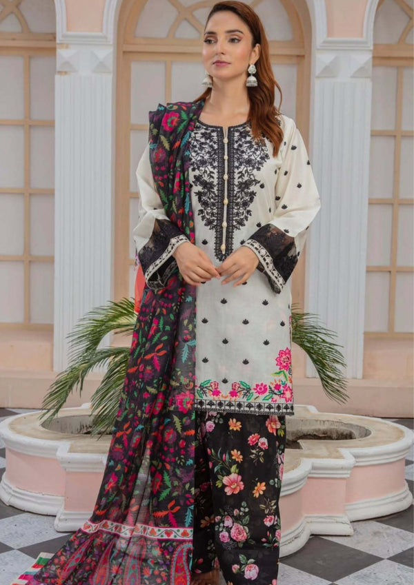Vanilla & Black Embroidered Lawn Suit with Vibrant Floral Dupatta
