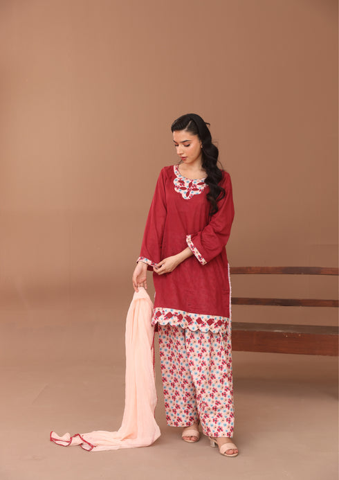 Red Floral Neckline Coord Set 2-Piece