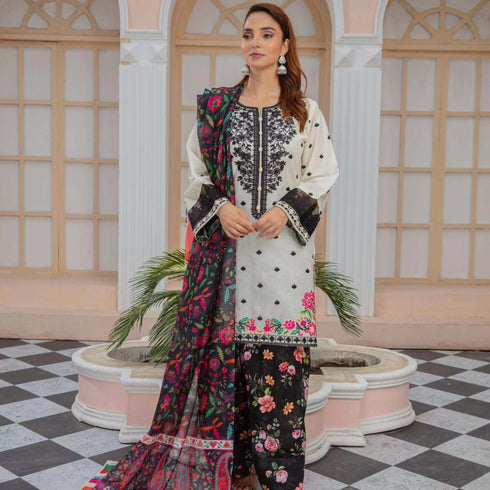 Vanilla & Black Embroidered Lawn Suit with Vibrant Floral Dupatta