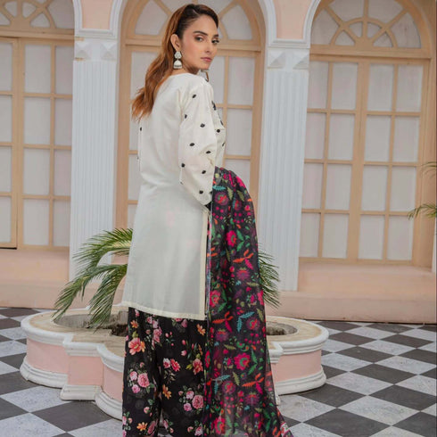 Vanilla & Black Embroidered Lawn Suit with Vibrant Floral Dupatta