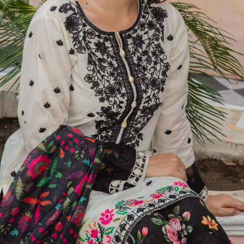 Vanilla & Black Embroidered Lawn Suit with Vibrant Floral Dupatta