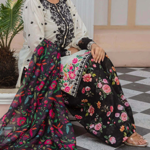 Vanilla & Black Embroidered Lawn Suit with Vibrant Floral Dupatta