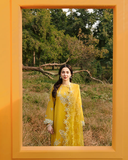 Saffron-Luxury Chikankari Jacquard Shirt with Organza Burnout Dupatta & Cotton Trouser (3-Piece)