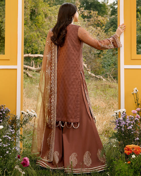 Cinnamon-Luxury Chikankari Jacquard 3-Piece Ensemble